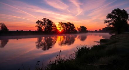 Serene River Landscape at Sunrise with Fog and Reflections trees