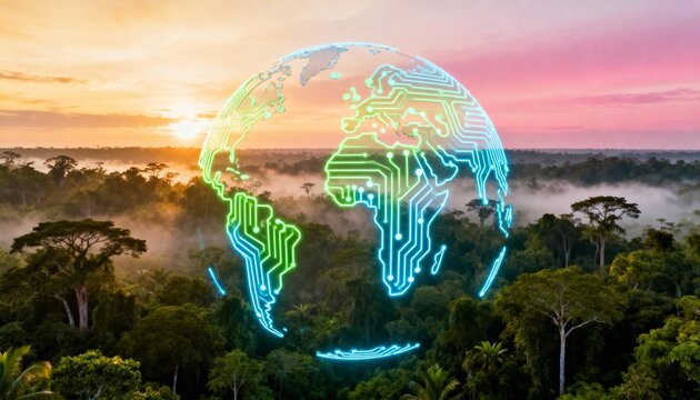 Sustainable tech revolution in nature aerial view of green innovations in a lush environment