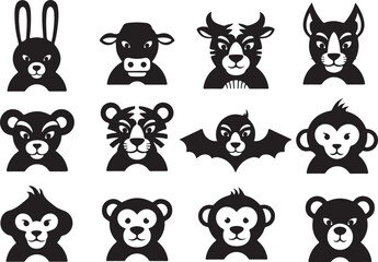 Fototapeta premium Twelve distinct black and white animal faces representing chinese zodiac symbols graphic elements vector