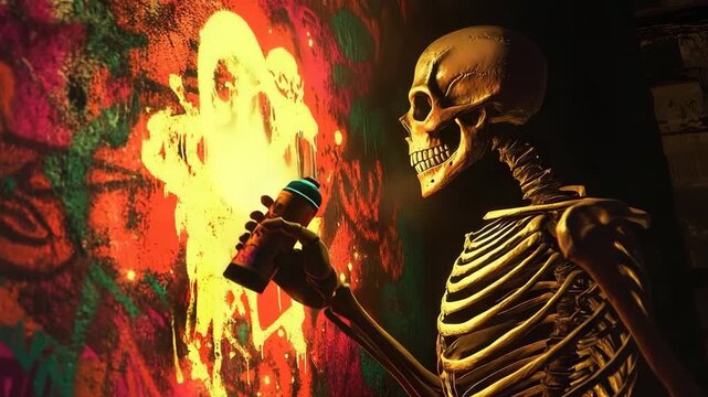Skeleton creates colorful graffiti while holding a spray paint can in an urban setting at night