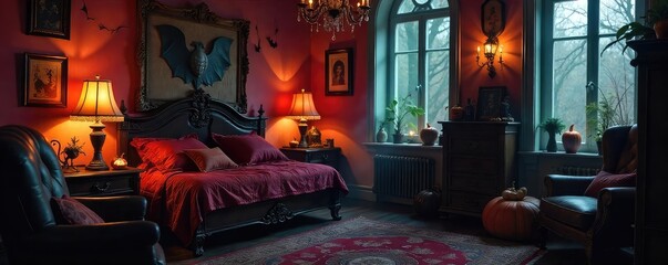 Naklejka premium A mischievous imp playfully adorns a gothic-style room with spooky decorations, adding a touch of whimsical horror to the dark interior , cobwebs, tombstone
