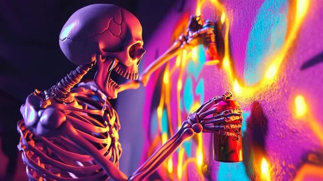 Skeleton creates colorful graffiti while holding a spray paint can in an urban setting at night