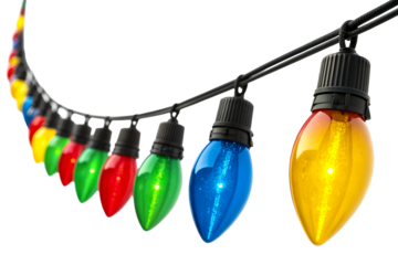 String of colorful festive bulbs on white background