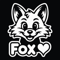 Cute cartoon fox head with heart and text saying fox black and white illustration