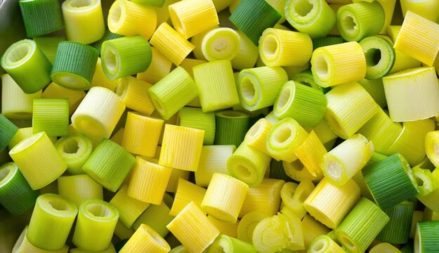 Pieces of fresh chopped leeks as background, closeup