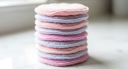 Stack of reusable makeup remover pads in pink and grey colors