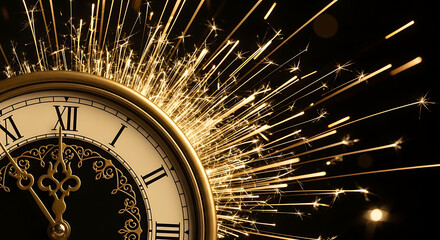 Close up of a clock face showing almost midnight with golden sparklers on a black background