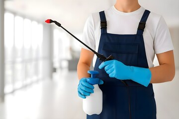 Cleaning Service Worker in Protective Gloves Holding Disinfectant Sprayer in Modern Commercial Space with Bright Background