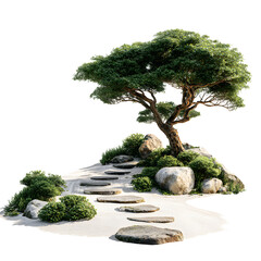 Tranquil Zen Garden Path with Tree and Bushes Isolated on White Background