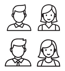 Line art illustrations of four people, two men and two women, in a simple style.