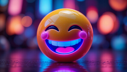 Glowing Smiley Face Emoji Against Blurred Neon Lights Background