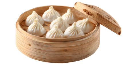 Steamed buns in bamboo steamer on white background