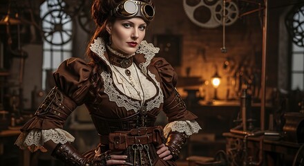 Steampunk woman portrait in retro futuristic workshop environment full of gears