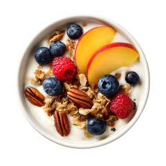 Delicious Bowl of Yogurt with Granola, Berries, Peach, and P