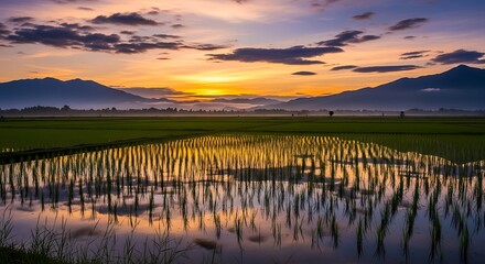 Sunrise over flooded rice paddy fields with distant mountains landscape