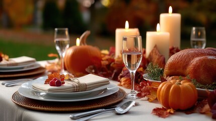 Thanksgiving dinner table setup featuring autumn decorations and candles with a warm and inviting atmosphere in an outdoor garden