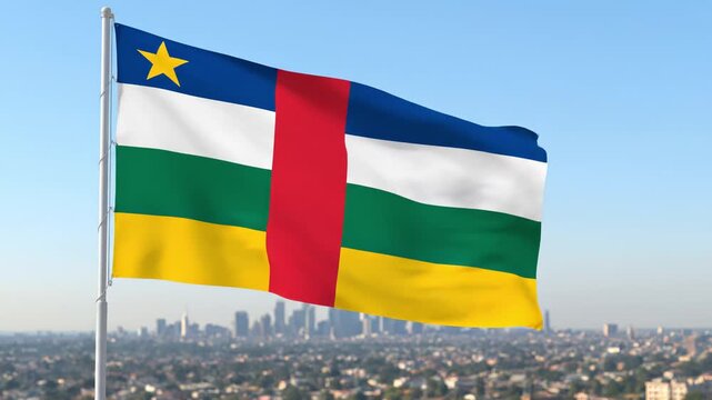 National flag of Central African Republic waving outdoors in bright sunlight, tricolor banner symbolizing unity and independence, patriotic emblem in clear blue sky background