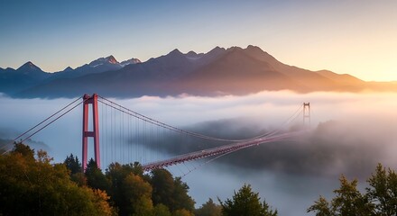 Suspension Bridge Emerging from Fog with Mountain Backdrop Majestic Vista
