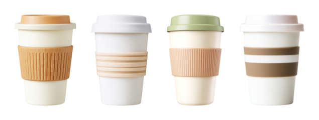 Eco-friendly reusable coffee cup collection featuring diverse lid and grip colors, perfect for sustainable cafe branding PNG set with transparent background