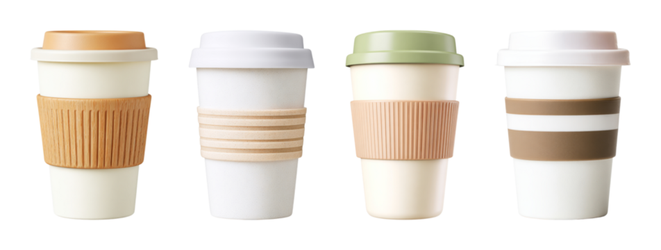 Eco-friendly reusable coffee cup collection featuring diverse lid and grip colors, perfect for sustainable cafe branding PNG set with transparent background