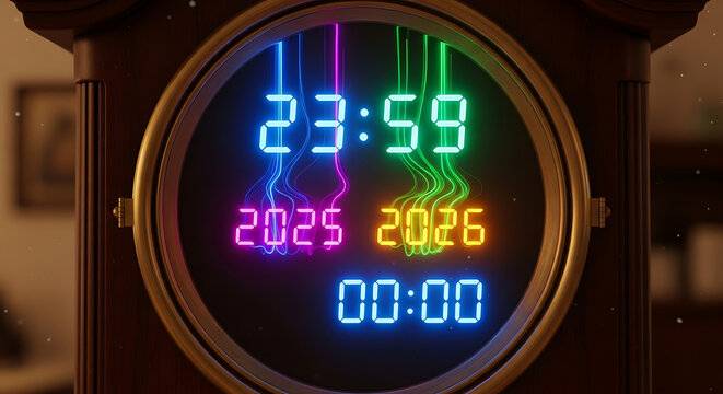A clock showing time and years with neon lights and wooden frame in a festive environment