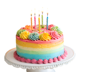 Festive Rainbow Cake with Lit Candles on Pedestal
