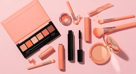 Trendy Peach Makeup Products Displayed on a Pink Surface For Creative Use