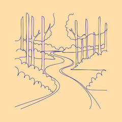 Obraz premium Minimalist Line Drawing of a Winding Road Through a Forest with Tall Trees and Bushes on a Soft Beige