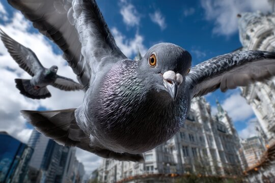 Pigeons soaring in a cityscape under a dramatic cloud-filled sky - Powered by Adobe