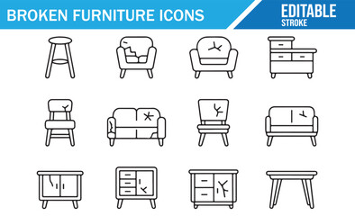 Set of Broken Furniture Icons in Outline Style, Editable Stroke Design for Digital Use