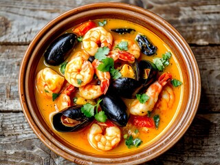 Spanish seafood braised with Indian curry and coconut milk