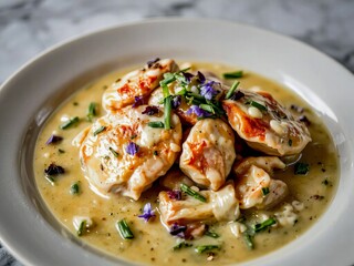 French chicken in champagne sauce with added Japanese wasabi and ginger