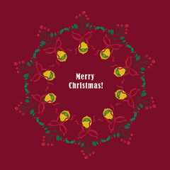 Winter Christmas round frame with red bows, yellow baubles, and winter greenery, including holly and spruce. Round frame with winter holiday elements. Vector illustration on a red background.