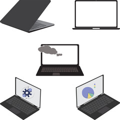 Flat Laptop Vector Set - Cloud, Analytics, and Configuration Screen Icons in Minimal Black and Grey Design