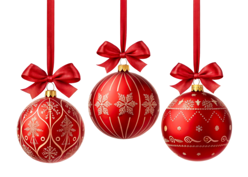 Three red decorative baubles with snowflake patterns hanging by ribbons