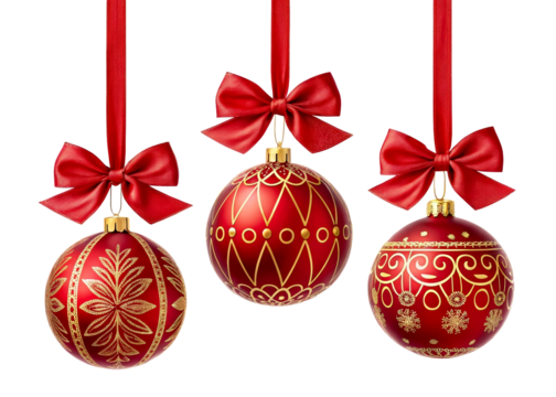 Three red Christmas ornaments with gold patterns hanging with ribbon