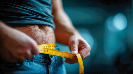 Close-up of a man measuring his waistline with a yellow tape