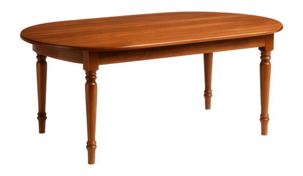 A spacious oval dining table made of solid cherry wood, perfect for suburban homes.