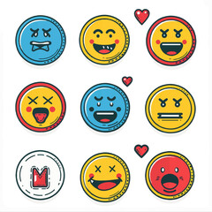 Collection of nine colorful cartoon emojis expressing various emotions with hearts