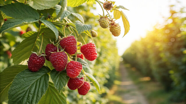 Raspberry on tree in garden, Raspberry hanging on tree in natural warm sunlight view
