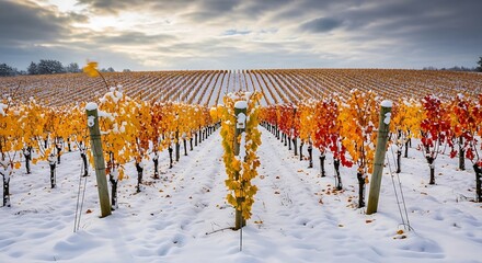 Vineyard in winter with snow covered vines and row structure