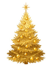 Golden Christmas Tree with Ornaments and Lights