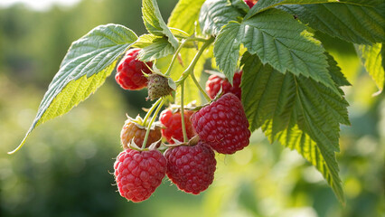 Raspberry hanging on tree in garden, Raspberry on tree in natural warm sunlight view