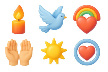 Compassion Symbol Icons. Compassion imagery set icons in 3D color style: candle flame, dove, rainbow over heart, healing hands, sunbeam, heart in