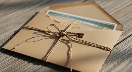 Vintage Kraft Envelope Tied with String and Antique Key Presentation