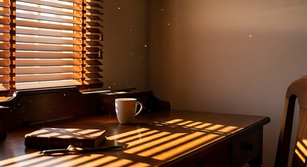 Warm Sunlight Streaming Through Blinds on Desk with Coffee Cup