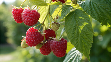 Raspberry hanging tree in garden, Raspberry on tree in natural warm sunlight view