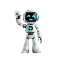 Cheerful White Robot Waving Hand with Smiling Face Display on Transparent Background