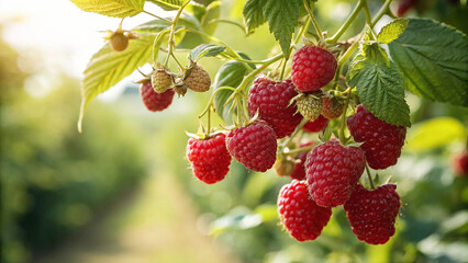 Raspberry hanging on tree in garden, Raspberries on tree in natural warm sunlight view