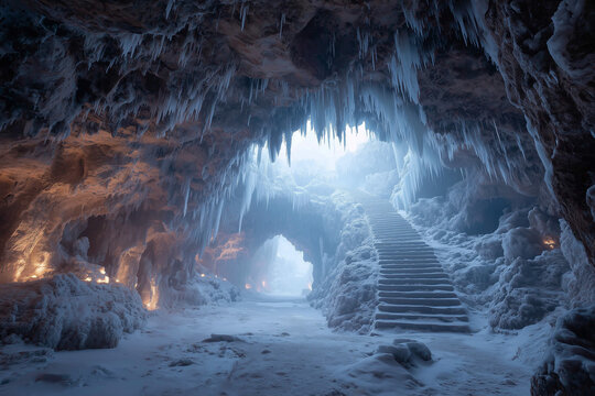 Enchanting Ice Cave with Staircase, Candles, and Misty Archway icicles frozen